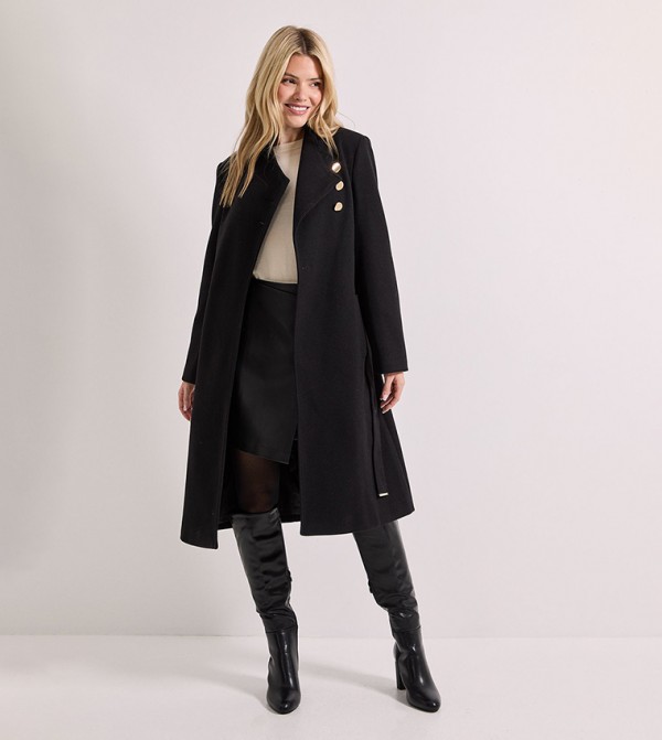 Solid Funnel Neck Belted Coat