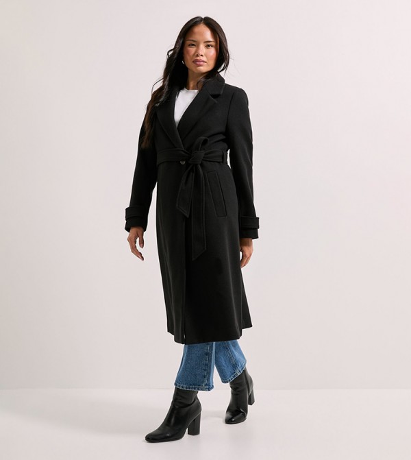 Solid Lapel Collar Belted Coat