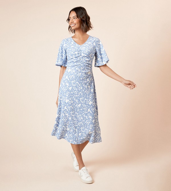Floral Print Angel Sleeves Ruched Front Midi Dress