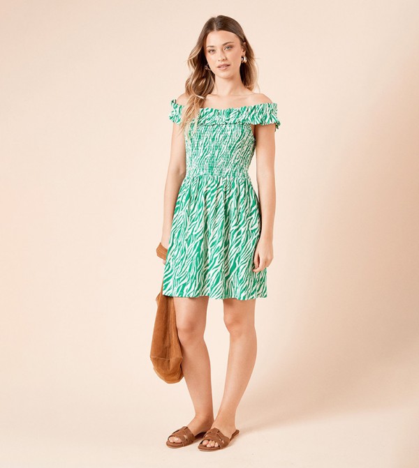 Zebra Print Shirred Bodice Bardot Mini Dress