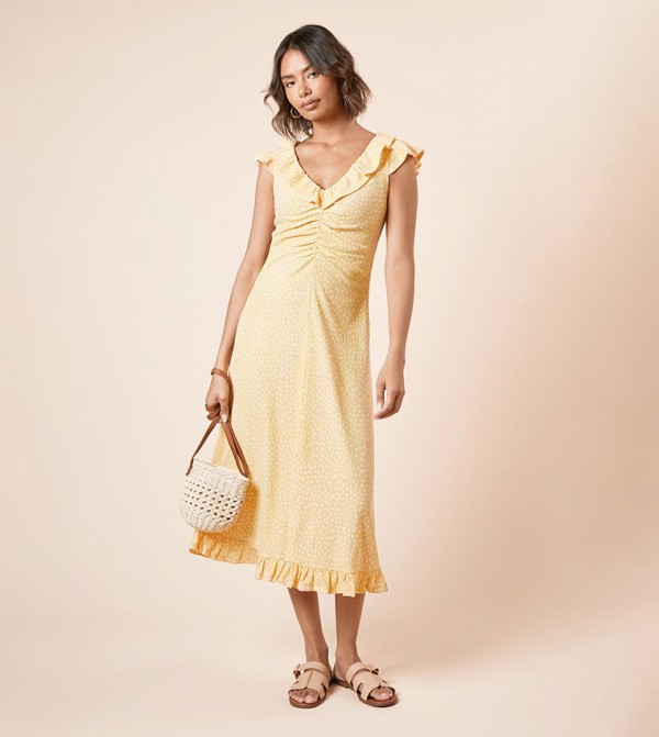 Polka Dots Frill Neck Ruched Front Midi Dress