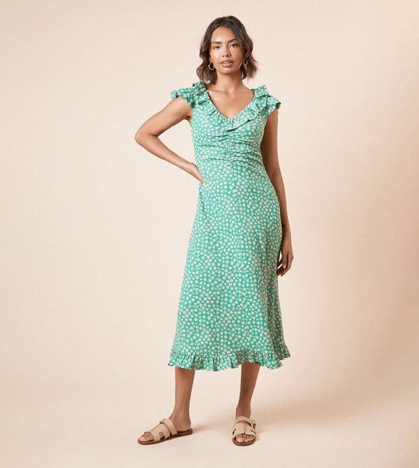 Printed Frill Neck Ruched Front Midi Dress