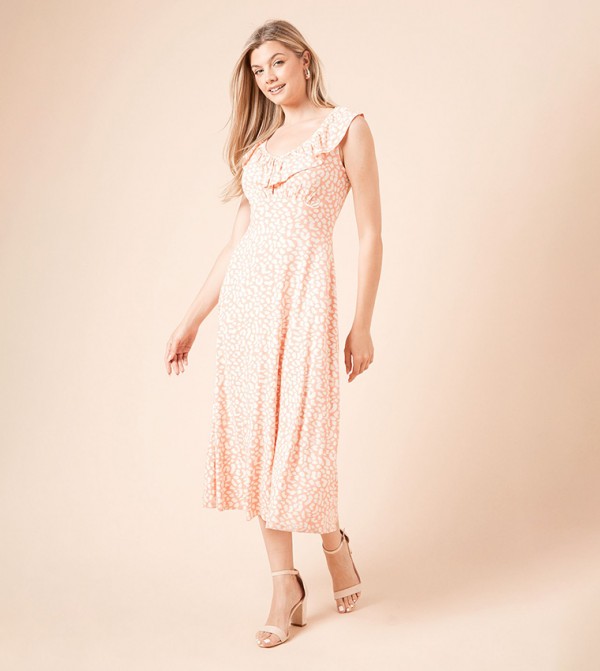 Coral Animal Frill Neck Empire Midi Dress