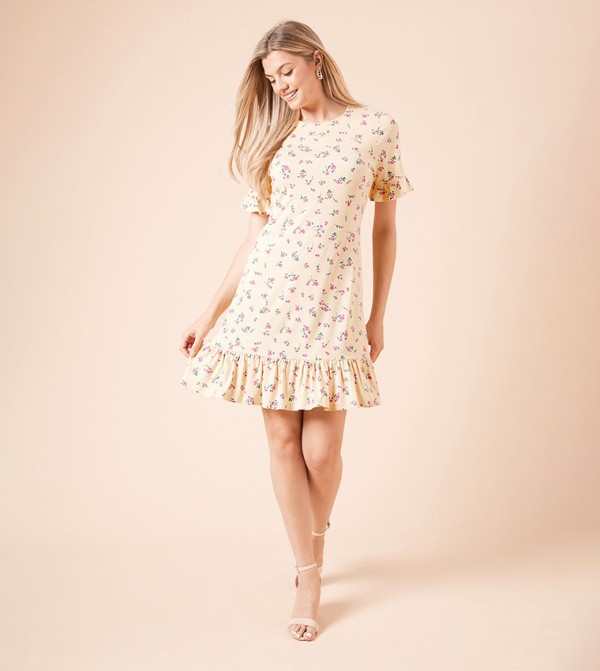Yellow Ditsy Short Sleeves Frill Hem Mini Dress