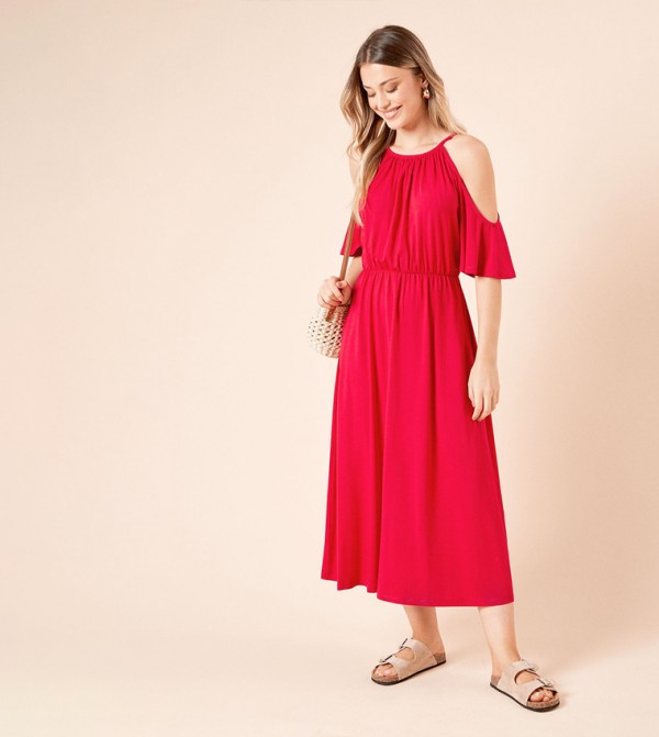 Cold Shoulder Halterneck Midi Dress