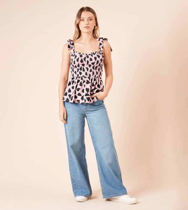 Heart Print Tie Shoulder Shirred Bodice Peplum Top