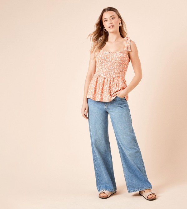 Coral Ditsy Tie Shoulder Shirred Bodice Peplum Top