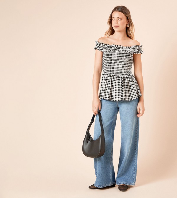 Gingham Shirred Bodice Bardot Peplum Top