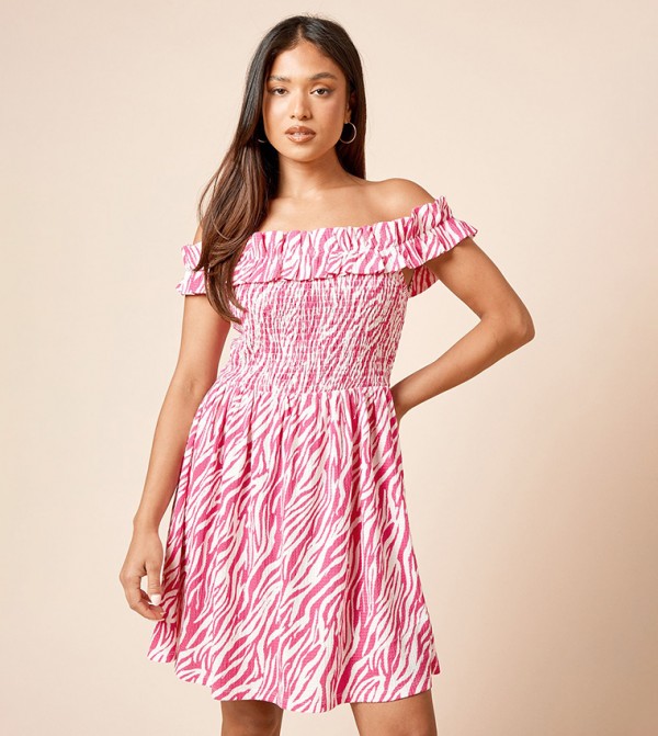 Petite Pink Zebra Shirred Bodice Bardot Mini Dress