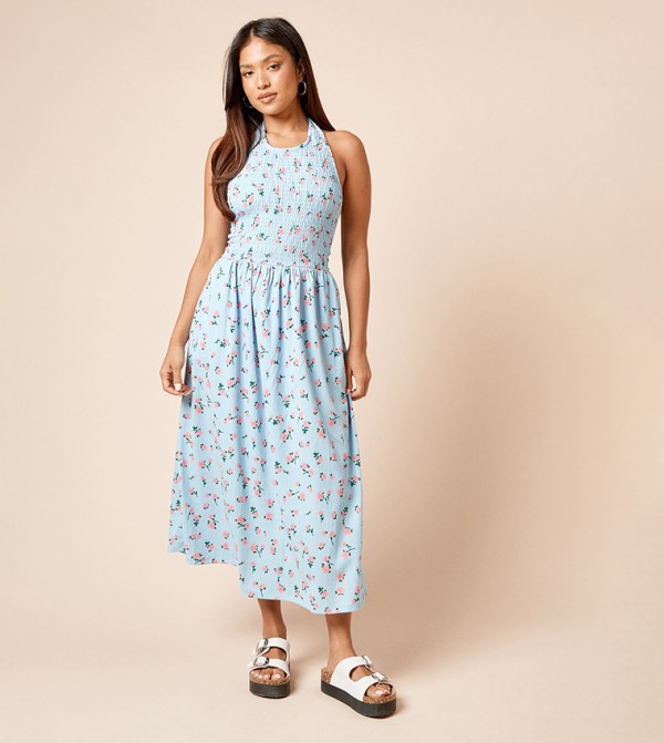 Petite Blue Floral Shirred Bodice Halterneck Midi Dress