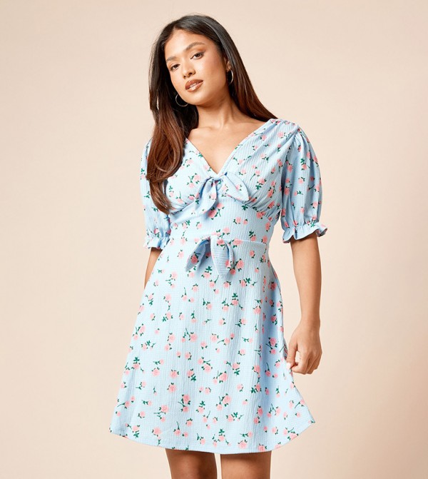 Petite Blue Floral Bow Front Puff Sleeves Mini Dress