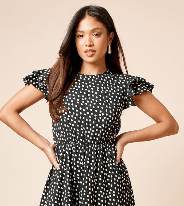 Petite Mono Double Flutter Sleeves Jersey Mini Dress