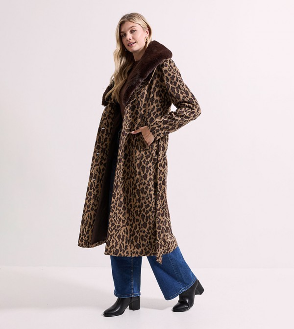 Animal Printed Long Sleeves Belted Coat