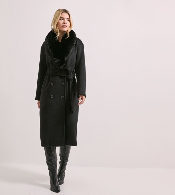 Faux Fur Collar Belted Coat