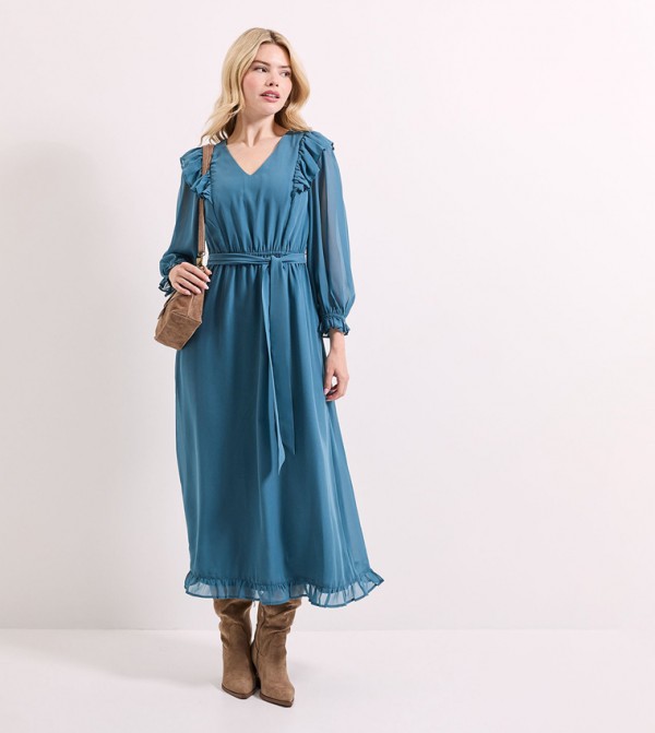 Solid Bishop Sleeves Midi Dress