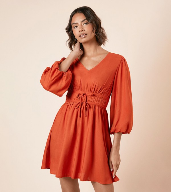 Tie-Up Detail Balloon Sleeves Mini Dress