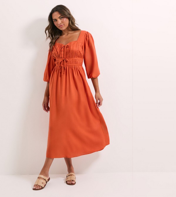 Shirred Bodice Tie Detail Sweetheart Neck Midi Dress