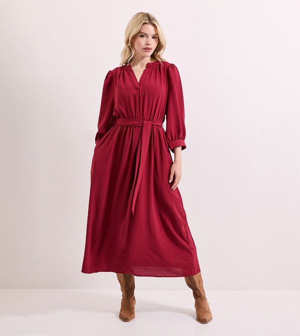 Belted Puff Sleeves Midi Dress