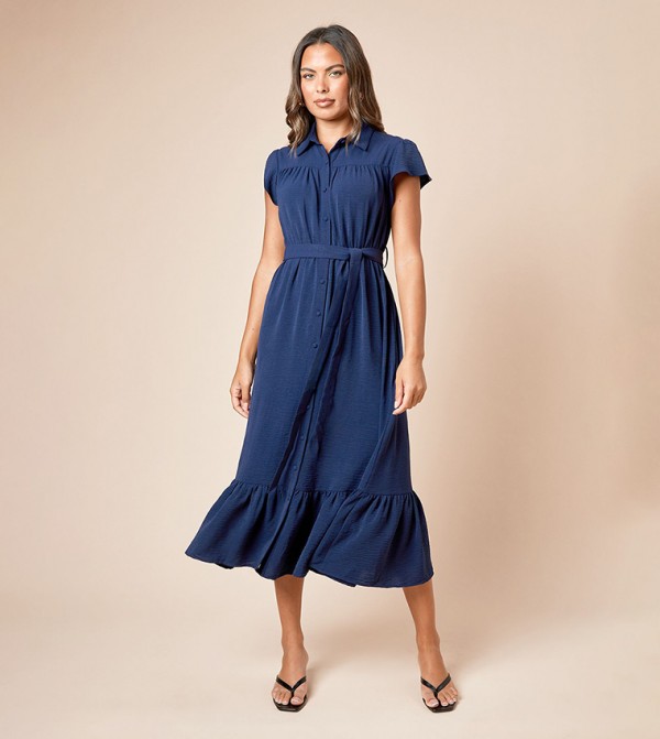 Frill Sleeves Belted Midi Shirt Dress