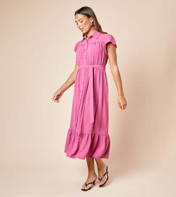 Frill Sleeves Belted Midi Shirt Dress
