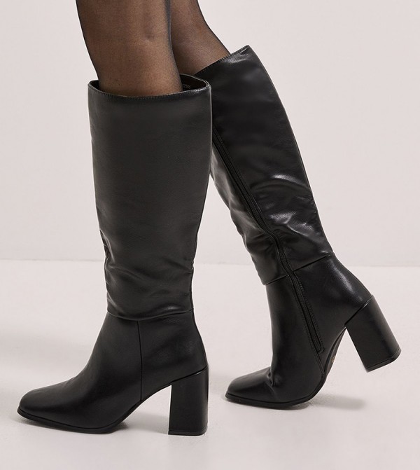 Kristen Faux Leather Square Toe Heeled Knee High Boots