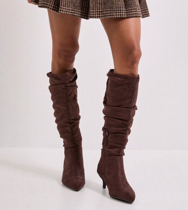 Khloe Faux Suede Kitten Heel Knee High Boots