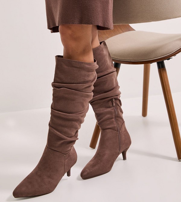 Khloe Faux Suede Kitten Heel Knee High Ruched Boots