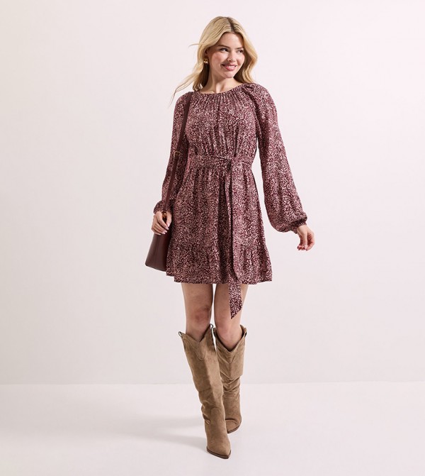 Animal Printed Balloon Sleeves Mini Dress