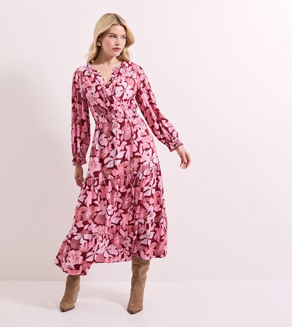 Floral Print Wrap Front Tiered Skirt Midaxi Dress