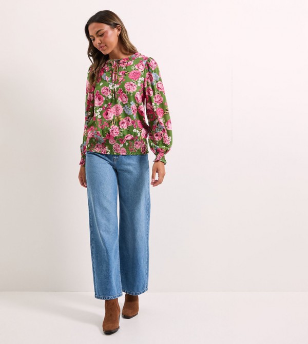 Printed Shirred Hem Tie Front Long Sleeves Top