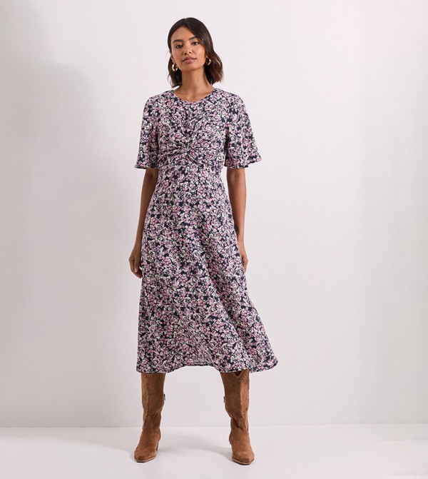 Floral Twist Front Flared Sleeves Midi Dress