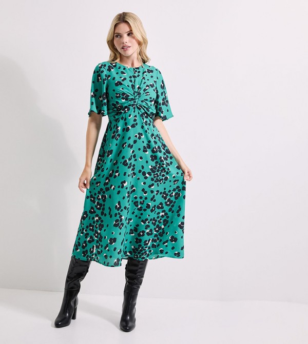 Printed Twist Front Angel Sleeves Midi Dress