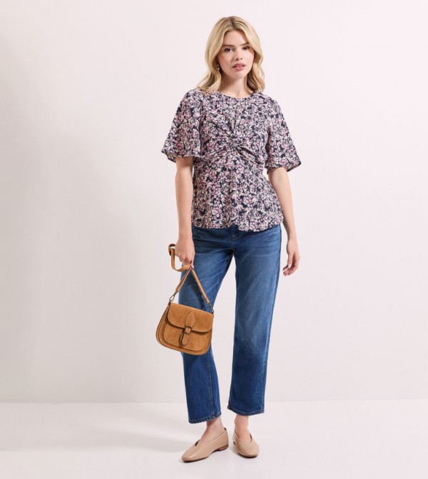 Floral Printed Twist Front Flutter Sleeves Top