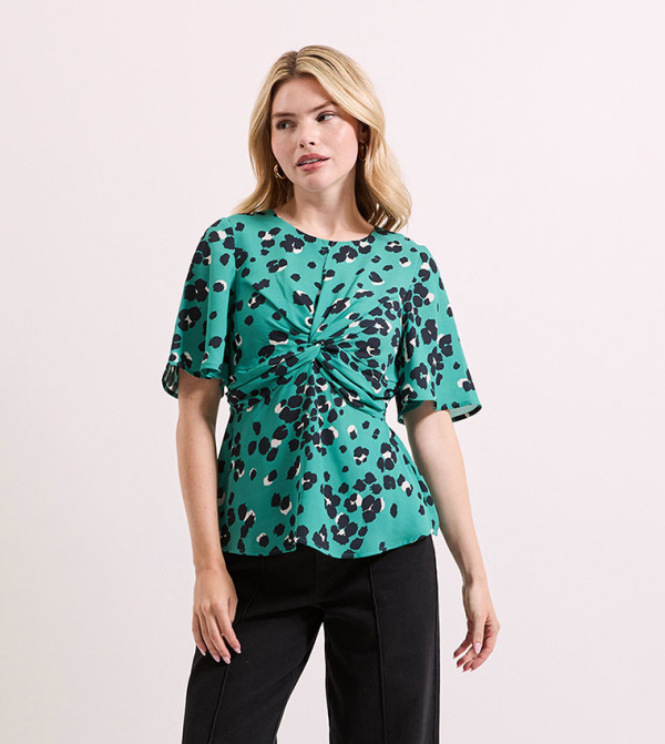 Animal Twist Front Flared Sleeves Top