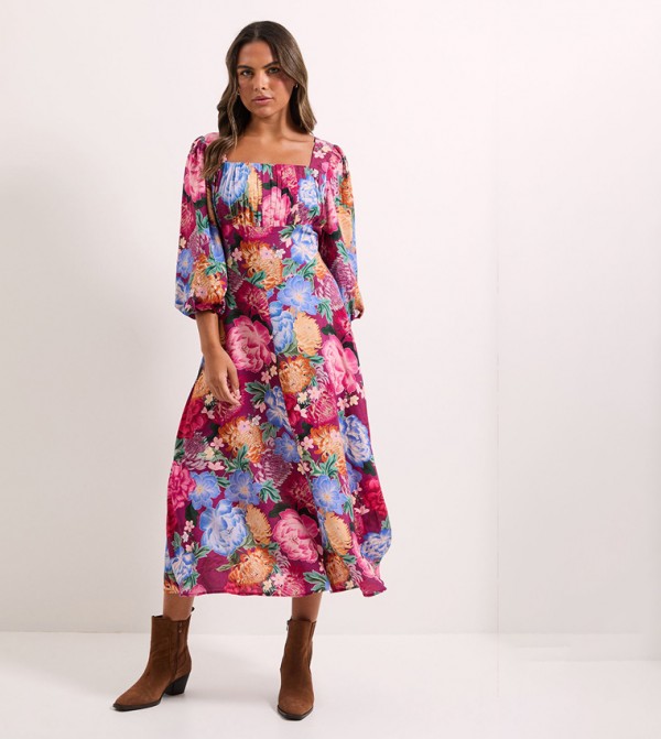Printed Ruched Bust Drop Waist Midi Dress