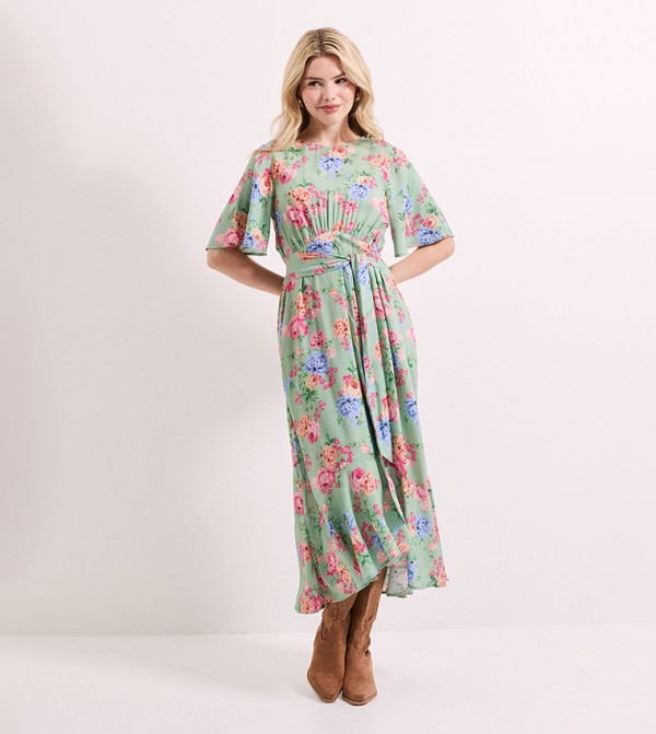 Floral Empire Seam Flared Sleeves Midaxi Dress