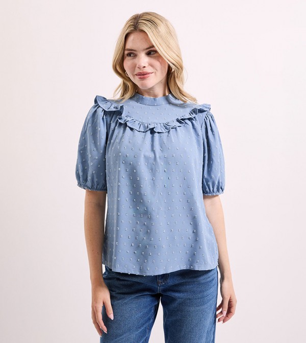 Frill Neck Puff Sleeves Top