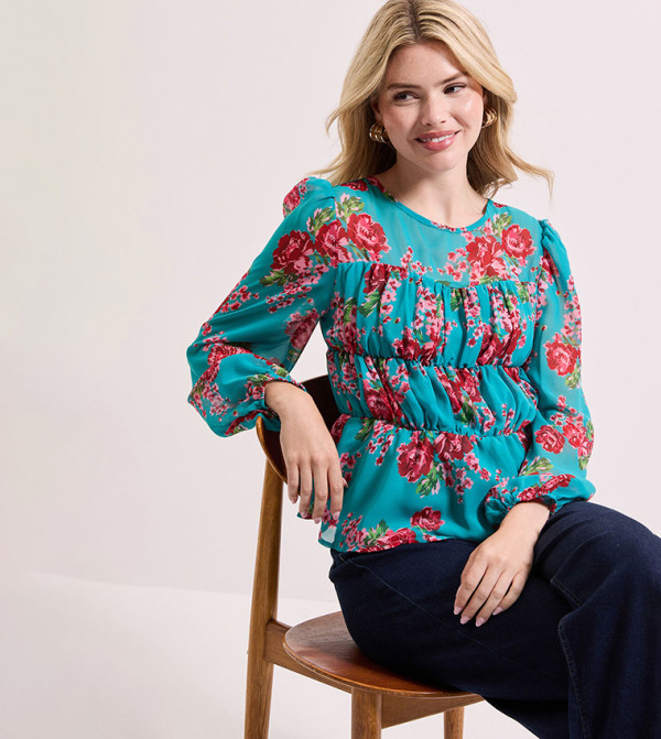 Floral Sheer Yoke Printed Chiffon Shirred Top