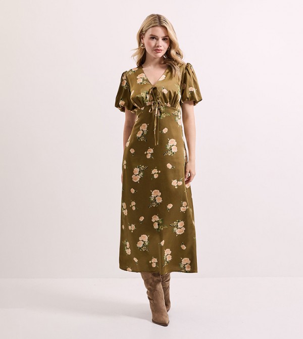 Floral Tie Front Button Up Puff Sleeves Midi Dress