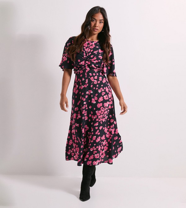 Petite Animal Twist Front Flared Sleeves Midi Dress