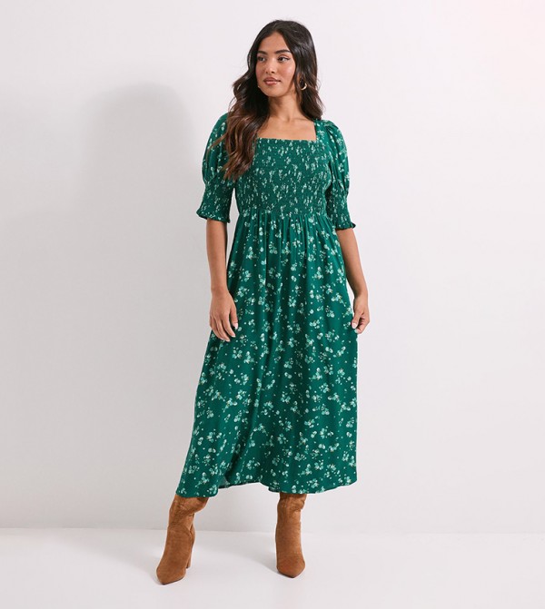 Petite Floral Printed Bodice Puff Sleeves Square Neck Midi Dress