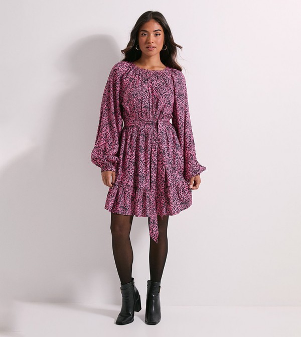 Petite Pink Animal Printed Long Sleeves Mini Dress