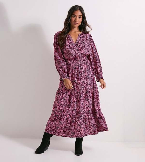 Petite Animal Wrap Front Tiered Skirt Midaxi Dress