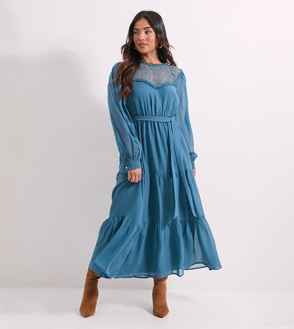 Petite Lace Trim Blouson Sleeves Tiered Midaxi Dress