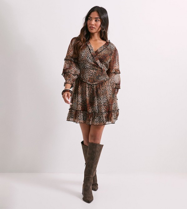 Petite Animal Ruffle Trim Wrap Front Printed Mini Dress