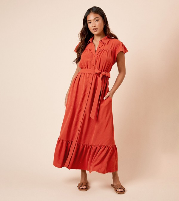 Petite Frill Sleeves Belted Midi Shirt Dress