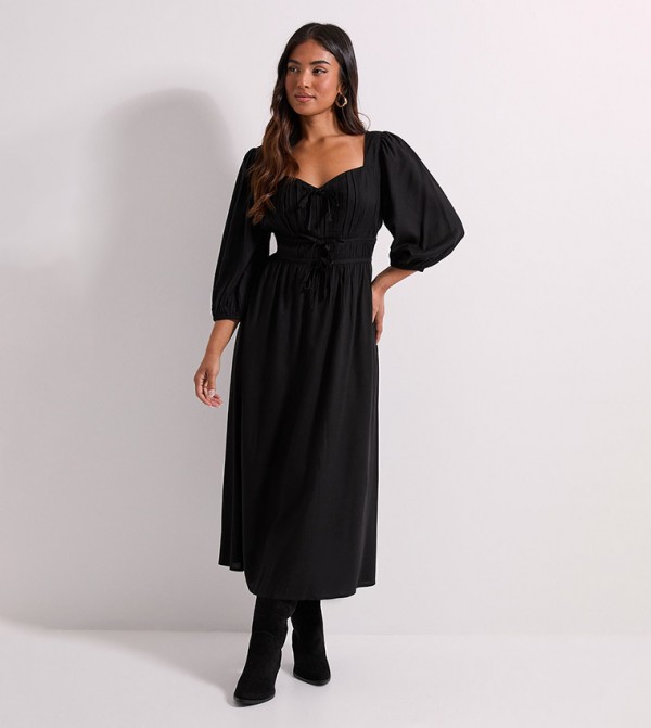 Petite Shirred Bodice Tie Detail Sweetheart Neck Midi Dress