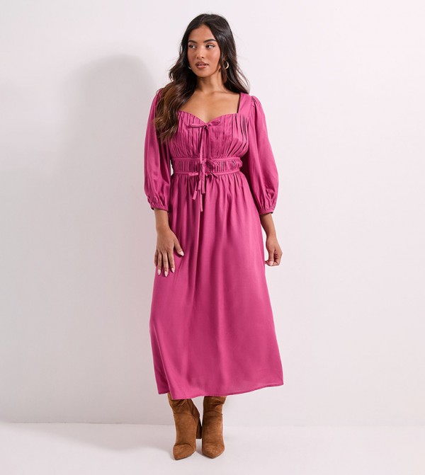 Petite Shirred Bodice Tie Detail Sweetheart Neck Midi Dress