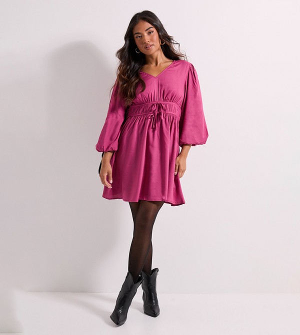 Petite Tie Detail Balloon Sleeves Mini Dress