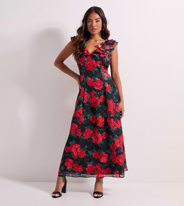 Petite DP Luxe Floral Printed Jacquard Chiffon Ruffle Front Sleeveless Maxi Dress